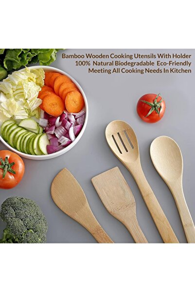 HOMEPRO Bamboo Wooden Spoons set, 5-piece wooden cooking spatulas & spoons with holder, natural teak wood kitchen utensils, non-scratch non-stick safe Kitchen Utensil Set Premium Quality