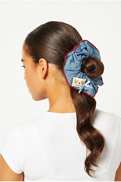 Katia&Bony Açık Mavi Denim Görünümlü Ayıcık Etiketli Fırfırlı Scrunchie Saç T...