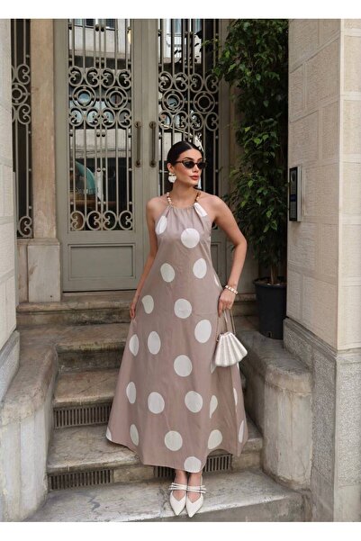 timagna Rochie de damă cu buline, cu guler halter, cu mărgele, lungă, maxi