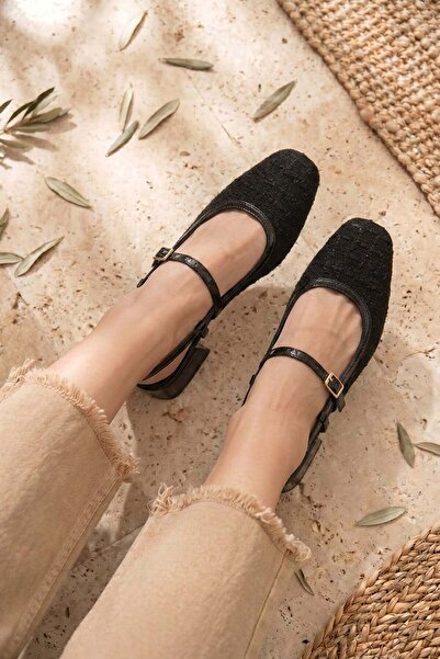 Stilbagshoes Iva Double Buckle Open Back Women's Heel Shoes Black Fabric