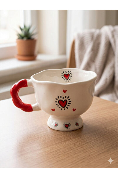 PALTO TASARIM Handmade Cream Glossy Ballerina Mug with Effect Heart Print - H...