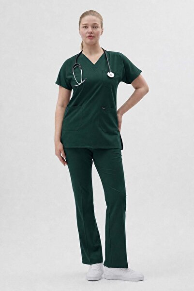 Owlet Medikal Emerald Green Tunic Length Short Sleeve Bell Bottom Scrubs-46 -...