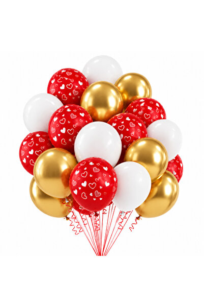 Ropet Top Bottom Set of 25 Red, White and Gold Latex Balloons, With Hearts, 3...