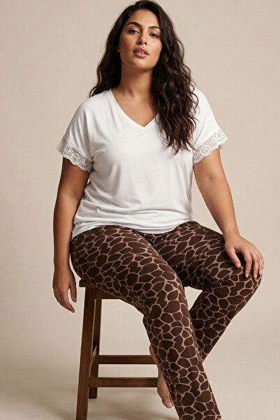 Siyah İnci Ecru Patterned Large Size Oversized Viscose Knitted Pajama Set