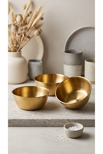 FARALYAHOME 3'lü Gold Renkli Metal Kase Seti (17 cm )- Modern Sunumluk Çerezl...