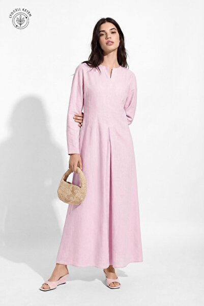 Hooopstore Lyocell Linen Pilikaşe Pastel Pink Dress