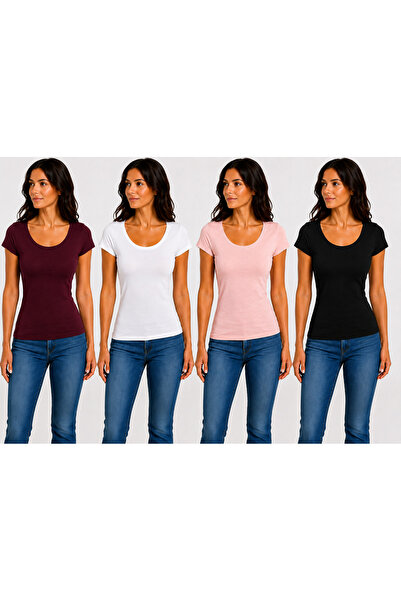 MRV DESIGN Round Neck Bodysuit Set of 4 - Black, Powder Pink, Raspberry White
