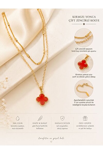 FashionAccessory kırmızı yonca çift zincirli kolye