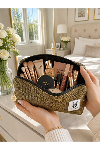 MAKE BAG YENİ BÜYÜLTÜLMÜŞ SARI PULLU ORTA BOY MAKYAJ ÇANTASI