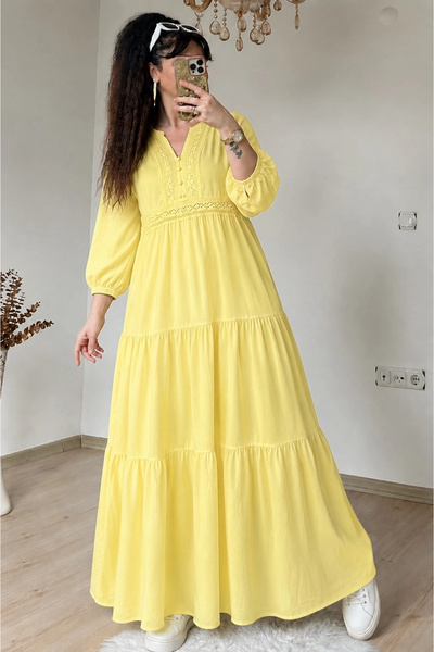 AZRA BUTİK Ruffled Skirt Lace Ribbon Detailed Dress Yellow