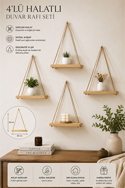 The N Wood Doğal Ahşap 4'lü Halatlı Duvar Rafı 25x8 cm – Rustik ve Bohem Deko...
