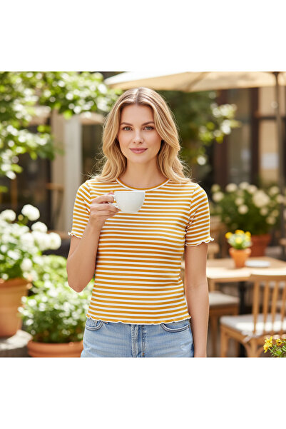 esmara Women's Mustard Yellow Striped Cotton Crop Top