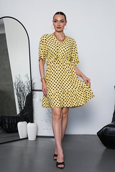 NAVY Batwing Sleeve V-Neck Polka Dot Patterned Mini Dress with Waist Tie Detail