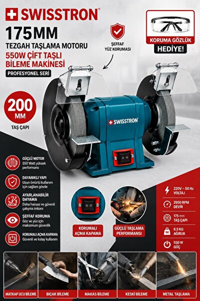 SwissTron Swiss Professional 200MM Endüstriyel Çift Taşlı Taşlama ve Bileme İstasyonu