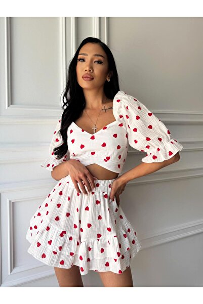 CC STORE SWEET HEARTS muslin set, puff sleeve top and heart Printed skirt