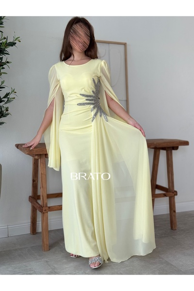 BRATO "Sunshine Radiance": Lemon Evening Gown with Royal Cape Sleeves and Sid...