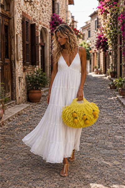Little Sunshine Design limon bahçesi rafya çanta, rafya püsküllü çanta, el ya...