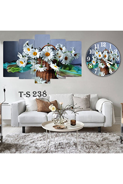 BellaaaModa Çiçekli Dekoratif Desenli Mdf Tablo 5 Parça Set ve Saatli Takım, ...