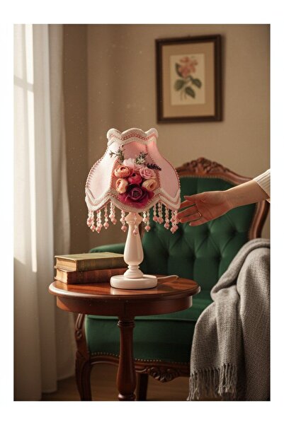 Dekovien Dried Rose Velvet Covered Fuchsia Flower Decorated Classic Lampshade...