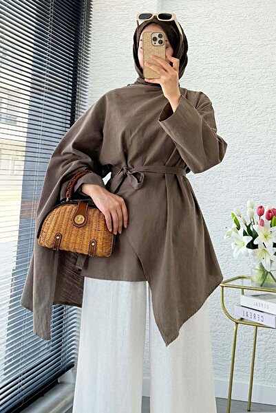 MELEK ARAZ Premium Asimetrik Pelerinli Keten Tunik - Haki