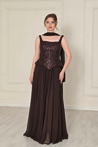 Yonca Moda Evi Kahverengi Şifon Dantelli Abiye 2752