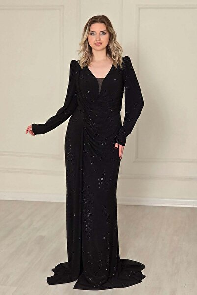 Yonca Moda Evi Siyah 23204 Drapeli Büyük Beden Abiye