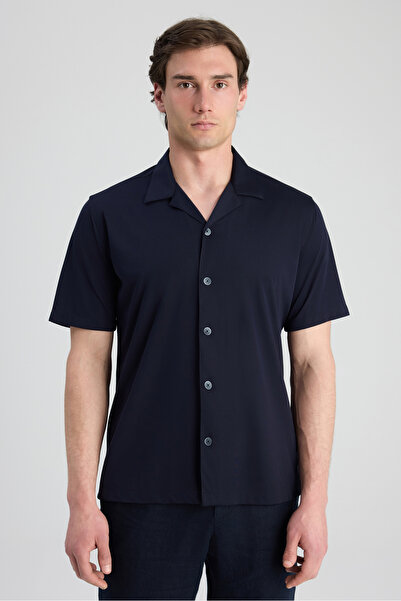 Twn Slim Fit Navy Blue Dobby Shirt