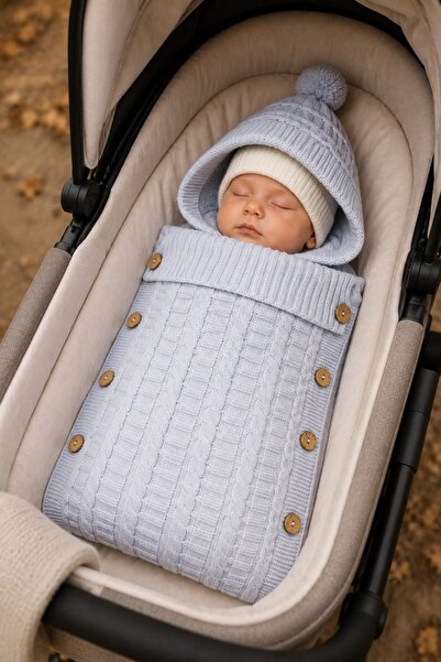 Pure Boutique Sac de dormit bebe bleu crosetat imblanit cu gluga pentru caruc...