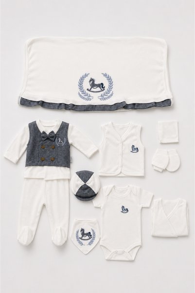 My Babies Label مجموعة بطانية ليتل برنس بتفاصيل مطرزة، 10 قطع لحديثي الولادة بعد الخروج من المستشفى - 0-3 أشهر