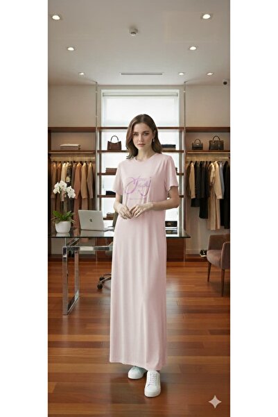 Alsadfine innovations Women's Oversized Pink Long Casual Print Dress with Sho...