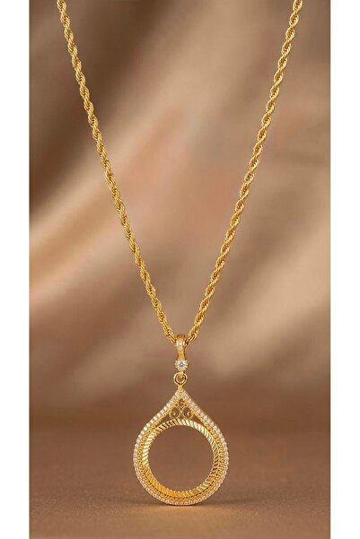 Vipfoni Zircon Stone Half Gold Pendant with Frame and Rope Chain 60 cm - M1