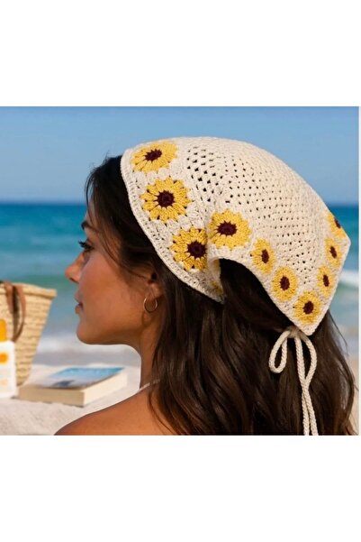 mibrillo Bandană de păr tricotată crem cu model floral galben, bandană de var...