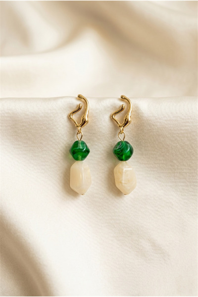 Pelin Aksesuar Gold Color Forged Metal Dangle Earrings with Green Beads and E...