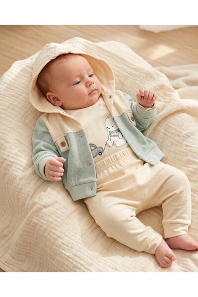 voyyo kids baby Baby Boy 3-Piece Seasonal Hooded Teddy Bear Detailed Cute 3-P...