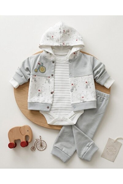 VOY KİDS Baby Boy 3-Piece Seasonal Hooded Elephant Detailed Cute 3-Piece 0-3-...