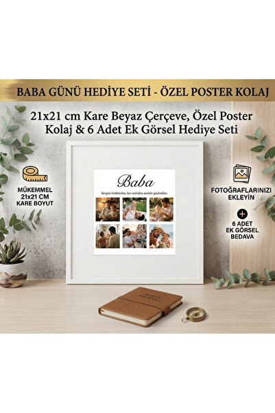 ZEAYSHOP Babalar Günü Hediyesi 21x21 cm Kare Beyaz Çerçeveli Fotoğraflı Baba ...