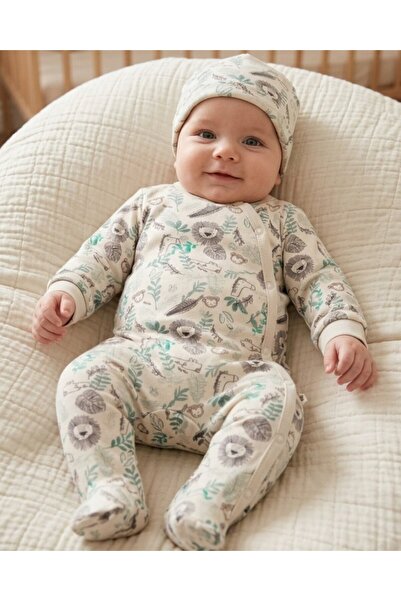 Ege Bebek Baby Boy Full Lion Printed Romper with Booties and Hat 0-3-6-9 Mont...