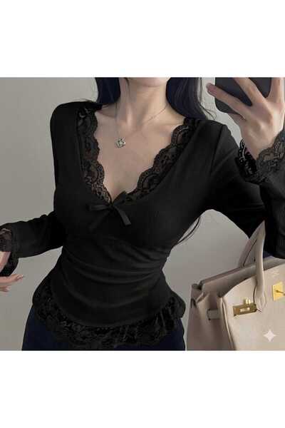 İsra Ayyıldız Moonstar Collection Vintage Y2k Dantel Detaylı Uzun Kollu Basic...