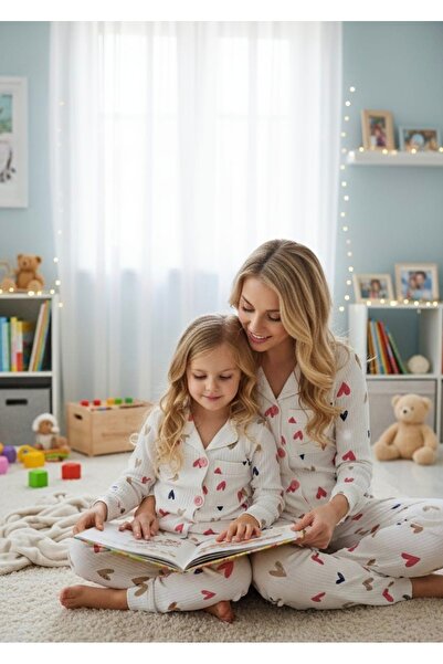 Amur Anne kız Kalp Baskılı %100Pamuk pijama Takımı (BirBeden büyük tercihediniz)