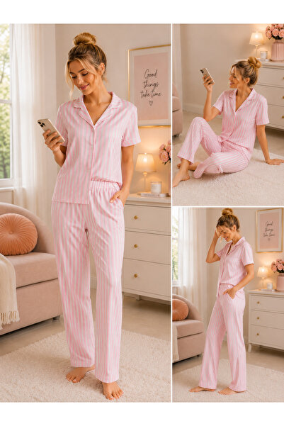 SERPİL Women's Pink Striped Short Sleeve Buttoned Pajama Set Comfortable Home Wear