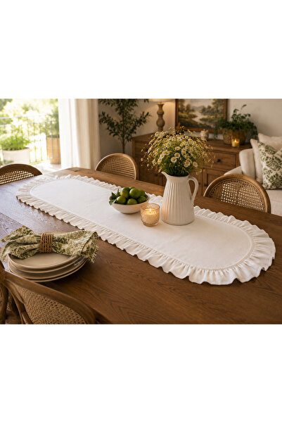 ŞAH TEXTILE DESIGN Oval beyaz sık fırfırlı ,pileli keten runner 40x110
