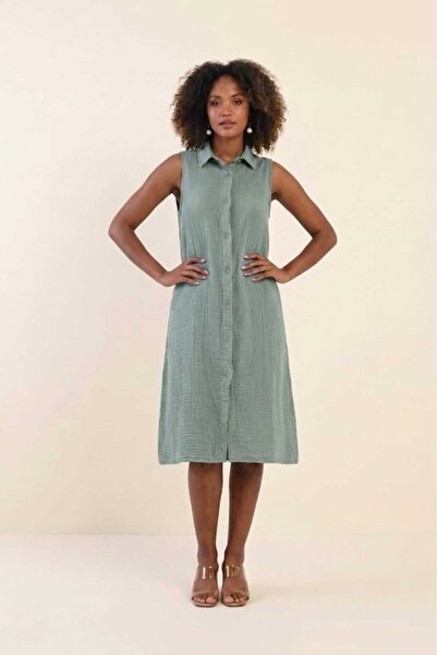 PORİENTO Mint Green Women's 100% Cotton Muslin Fabric Pocketed Buttoned Sleev...