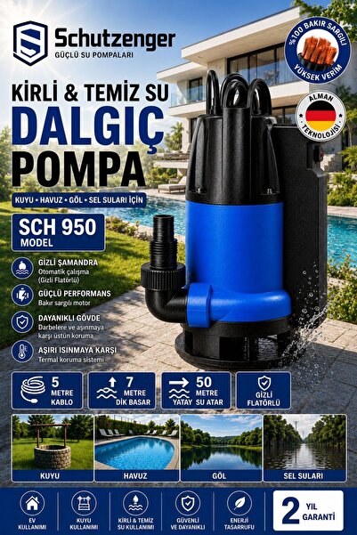 SCHUTZENGER SCH 950W YÜKSEK DEBİLİ SU TAHLİYE POMPASI DALGIÇ MOTOR GİZLİ ŞAMA...