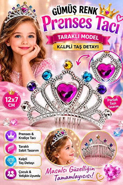 Tamsena Store Gümüş Renk Kalpli Taşlı Prenses Tacı Taraklı Model 12x7 cm Çocu...