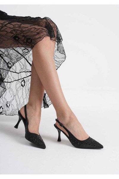 ELEVAM Stoned Pointed Toe 7 cm Heeled Open Back Women's Evening Dress Shoes