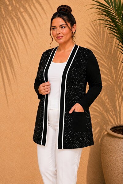 FOR ESRA BIG TREND كارديجان نسائي أسود كبير الحجم بطبعة حجرية وتفاصيل شريطية ...