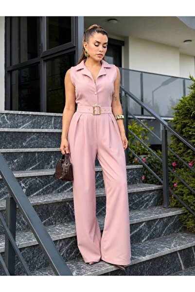 mafdress Kadın Pembe Sıfır Kol Kruvaze Yaka Kemerli Tulum