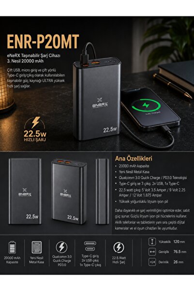 ENERX ENR-P20MT Powerbank 20000 Mah 22.5W Hızlı Şarj, Yeni Nesil Metal Kasa T...
