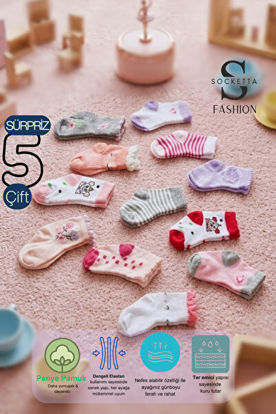 Socketta 5'li Karışık Renkli Sürpriz Paket Kız Bebek Pamuk Desenli Soket Çora...