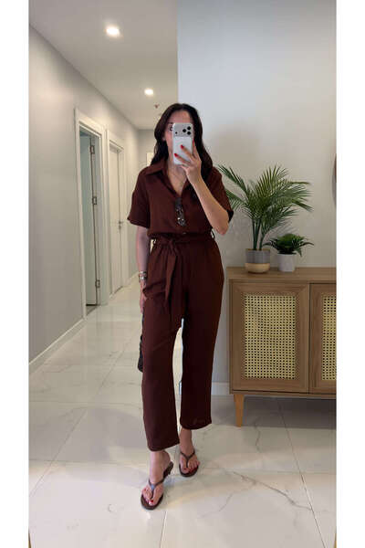 BİRCANÇİL Fonle Brown Short Sleeve Belted Jumpsuit